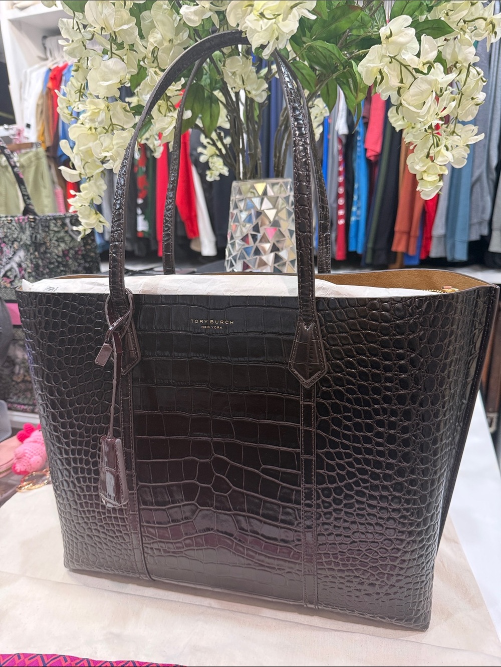 Authentic Tory Burch Croc-Embossed Tote in Dark Brown